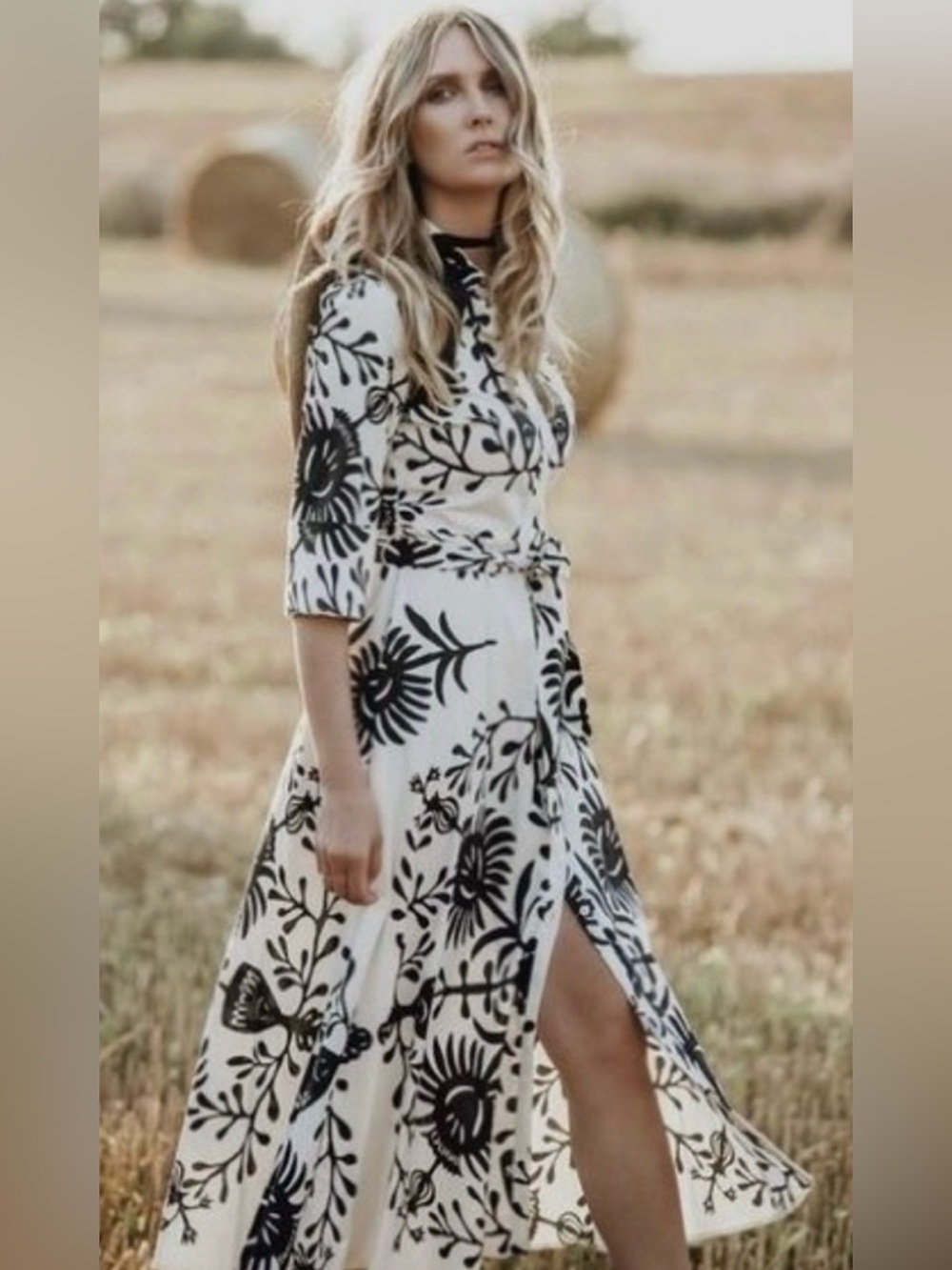 Zara Black and Ivory Floral Cotton Shirtdress